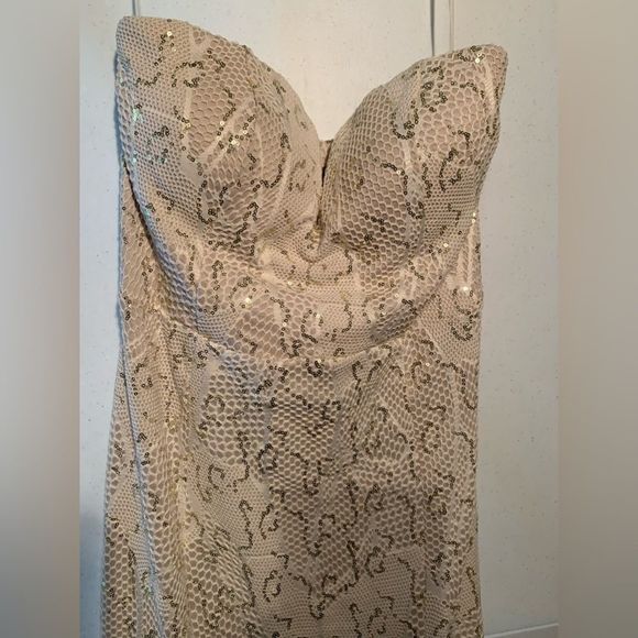 Bailey Blue Strapless Cream Gold Sequin Mermaid Maxi Dress. XL. Wedding. Prom. - Picture 5 of 12